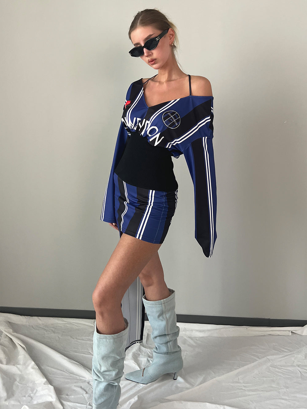 MUKTANK×Jqwention American-style waist-cinched off-the-shoulder long-sleeve top