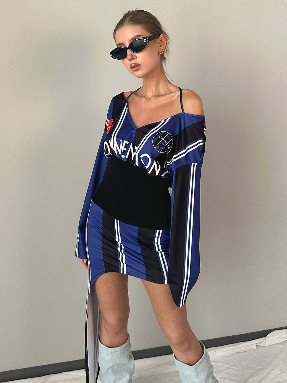 MUKTANK×Jqwention American-style waist-cinched off-the-shoulder long-sleeve top