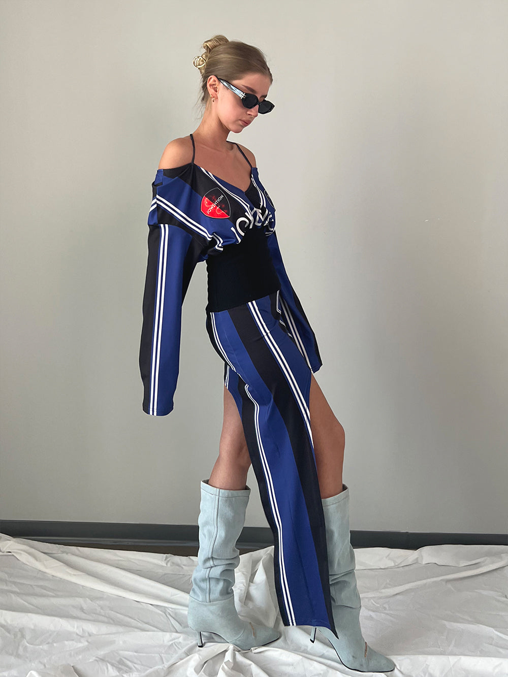 MUKTANK×Jqwention American-style waist-cinched off-the-shoulder long-sleeve top