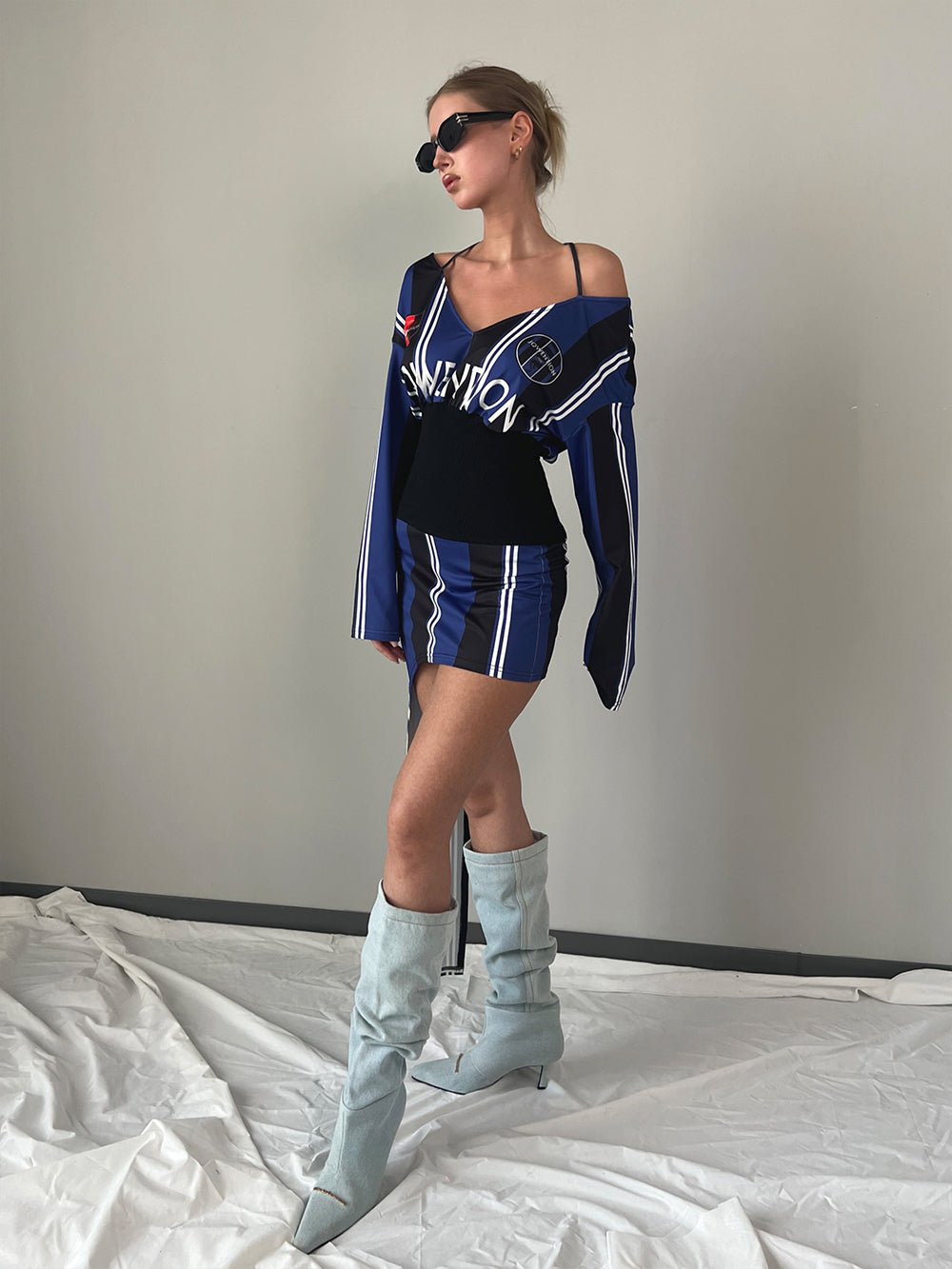 MUKTANK×Jqwention American-style waist-cinched off-the-shoulder long-sleeve top