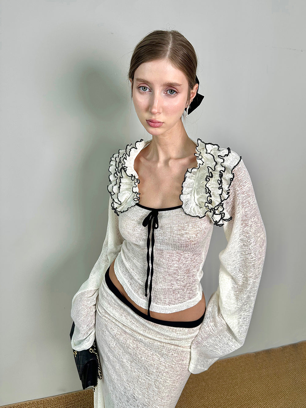 MUKTANK×Jqwention Black & White Contrast Lace Trim Moonlight Slim Patchwork Suit Top