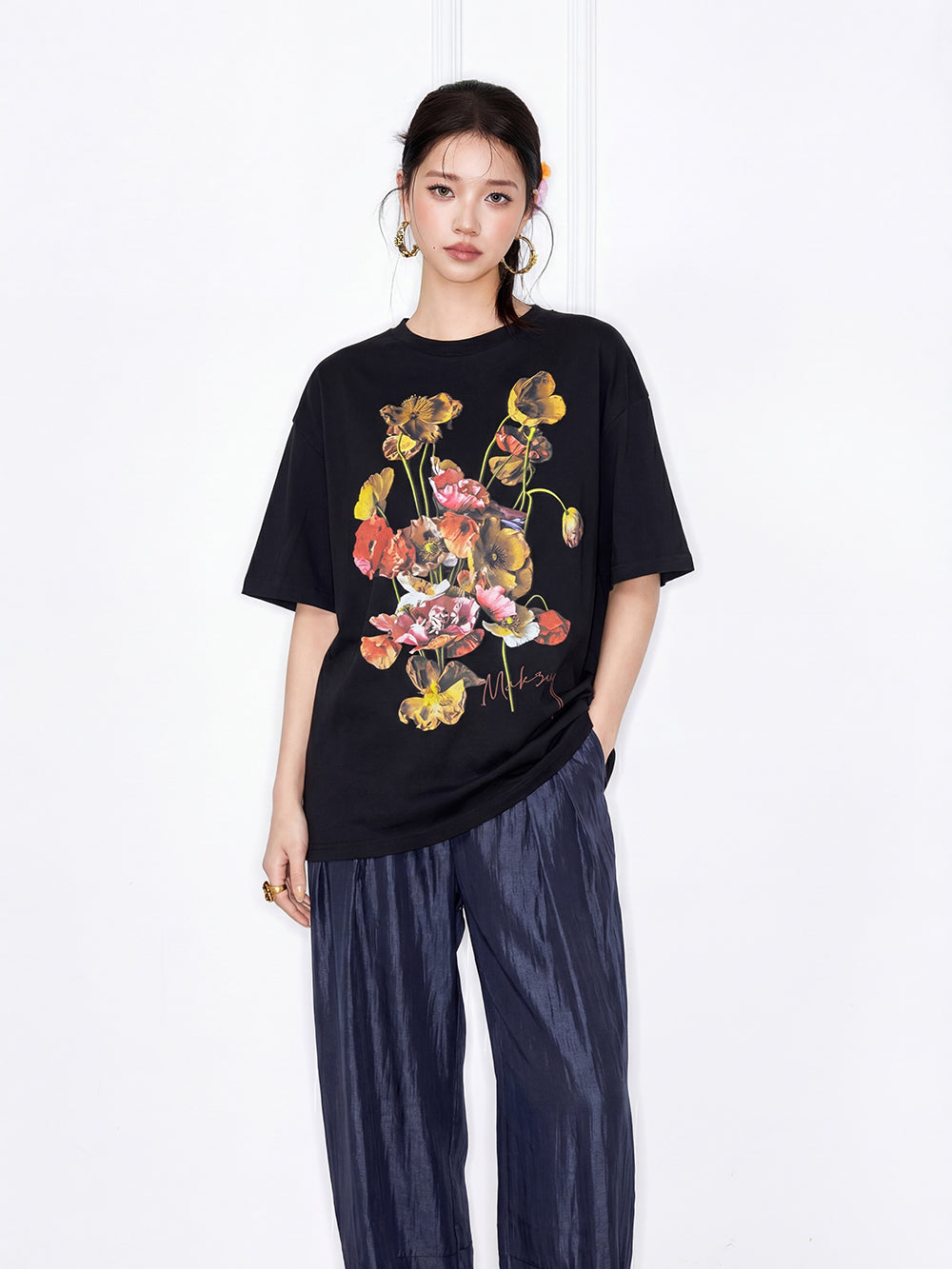 MUKZIN "Flourishing Blooms" Chinese Trend Artistic Floral Loose Black Short-Sleeve T-Shirt