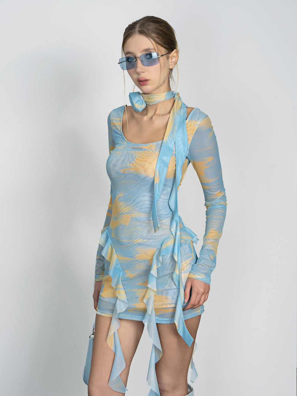 MUKTANK x Jqwention Printed Chiffon Lace Ribbon Round-neck Long-sleeved Dress