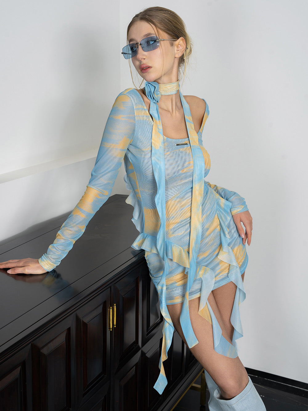 MUKTANK x Jqwention Printed Chiffon Lace Ribbon Round-neck Long-sleeved Dress