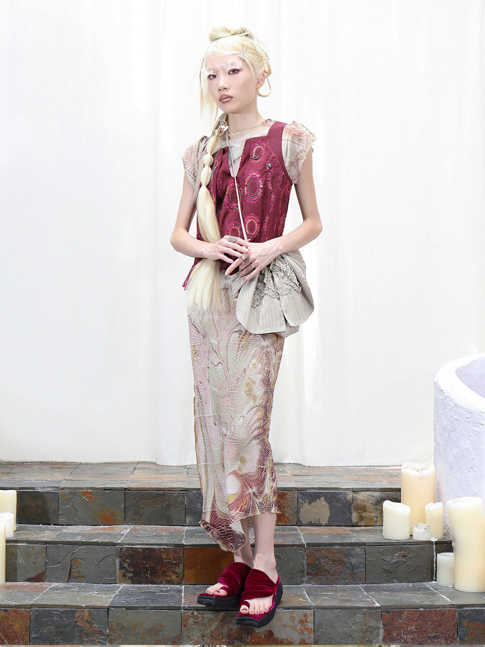 MUKTANK x COOLOTHES Cracked Creased Wet Print Floral Pleated Skirt