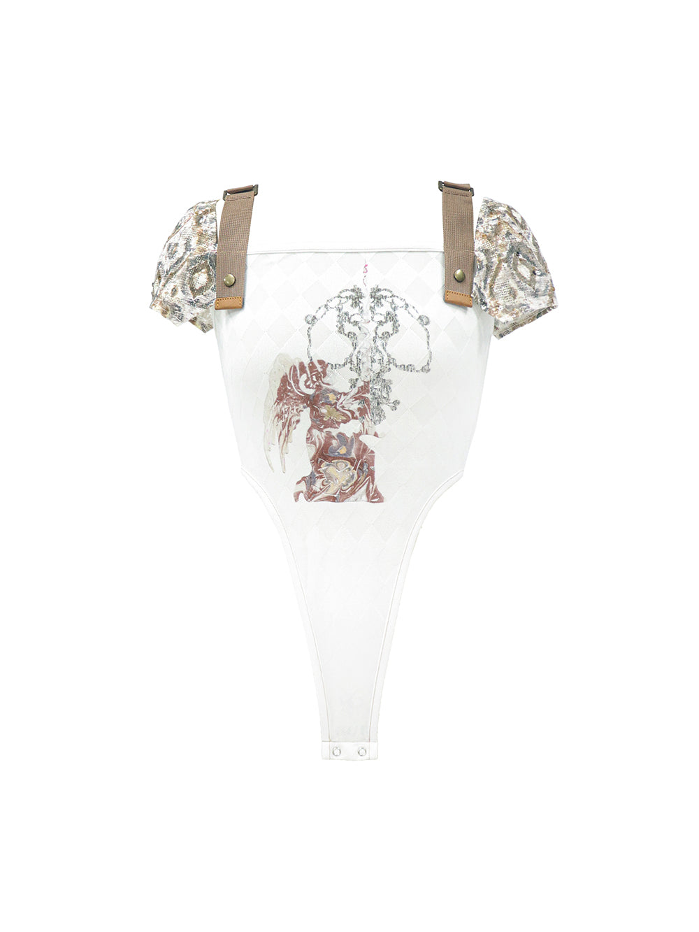 MUKTANK x COOLOTHES Printed Woven Tape Sequin Short-Sleeve Knitted Bodysuit