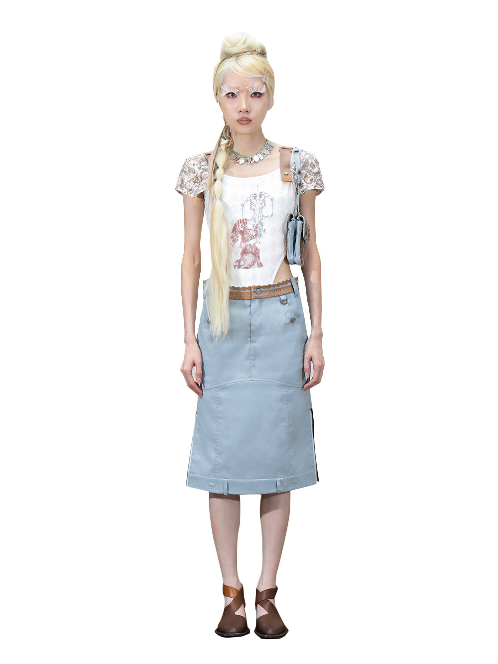 MUKTANK x COOLOTHES Printed Woven Tape Sequin Short-Sleeve Knitted Bodysuit