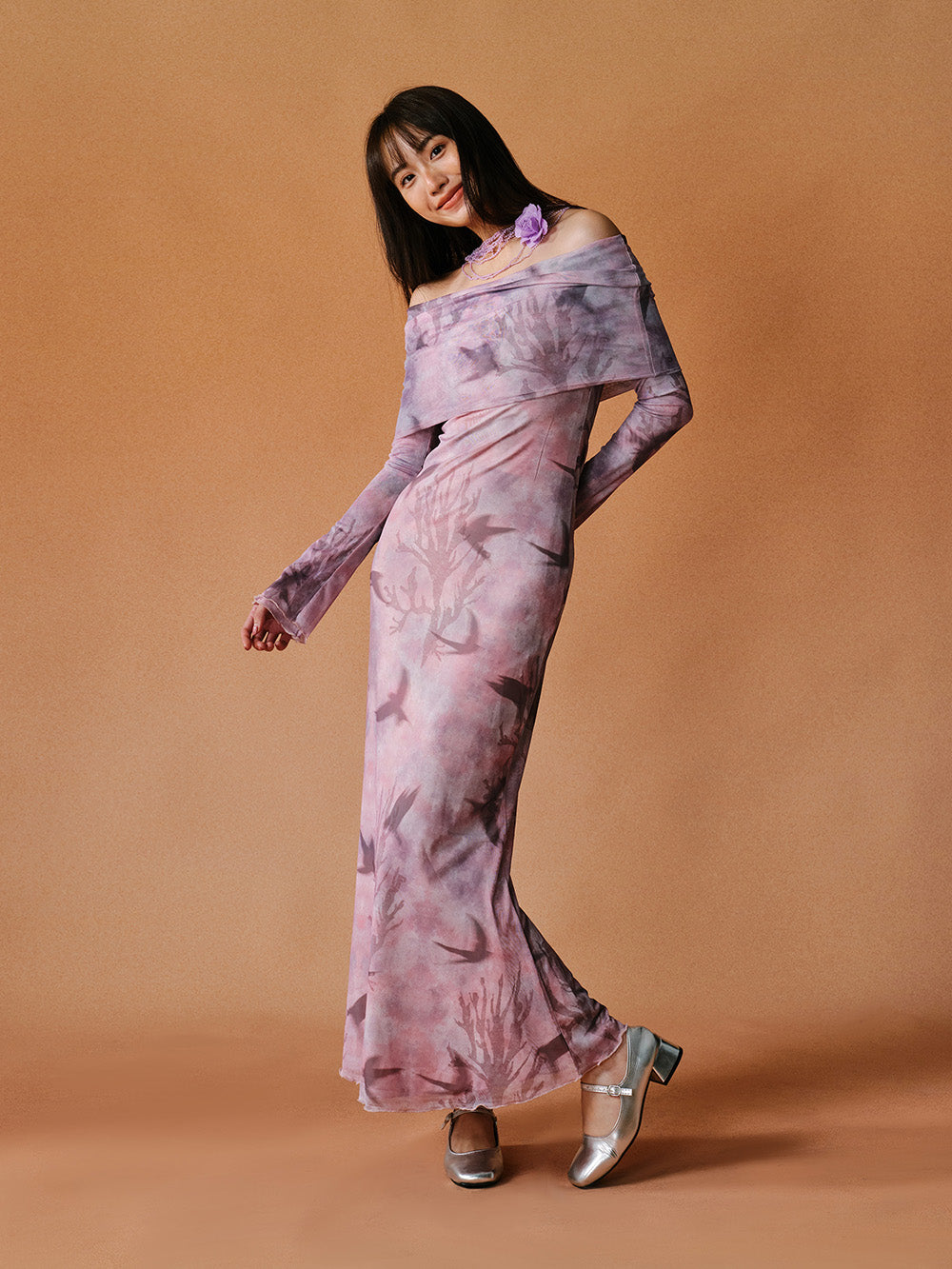 MUKTANK X LOUMUTAKU Vintage-Style Stretchy Mesh Fabric One-shoulder Dress