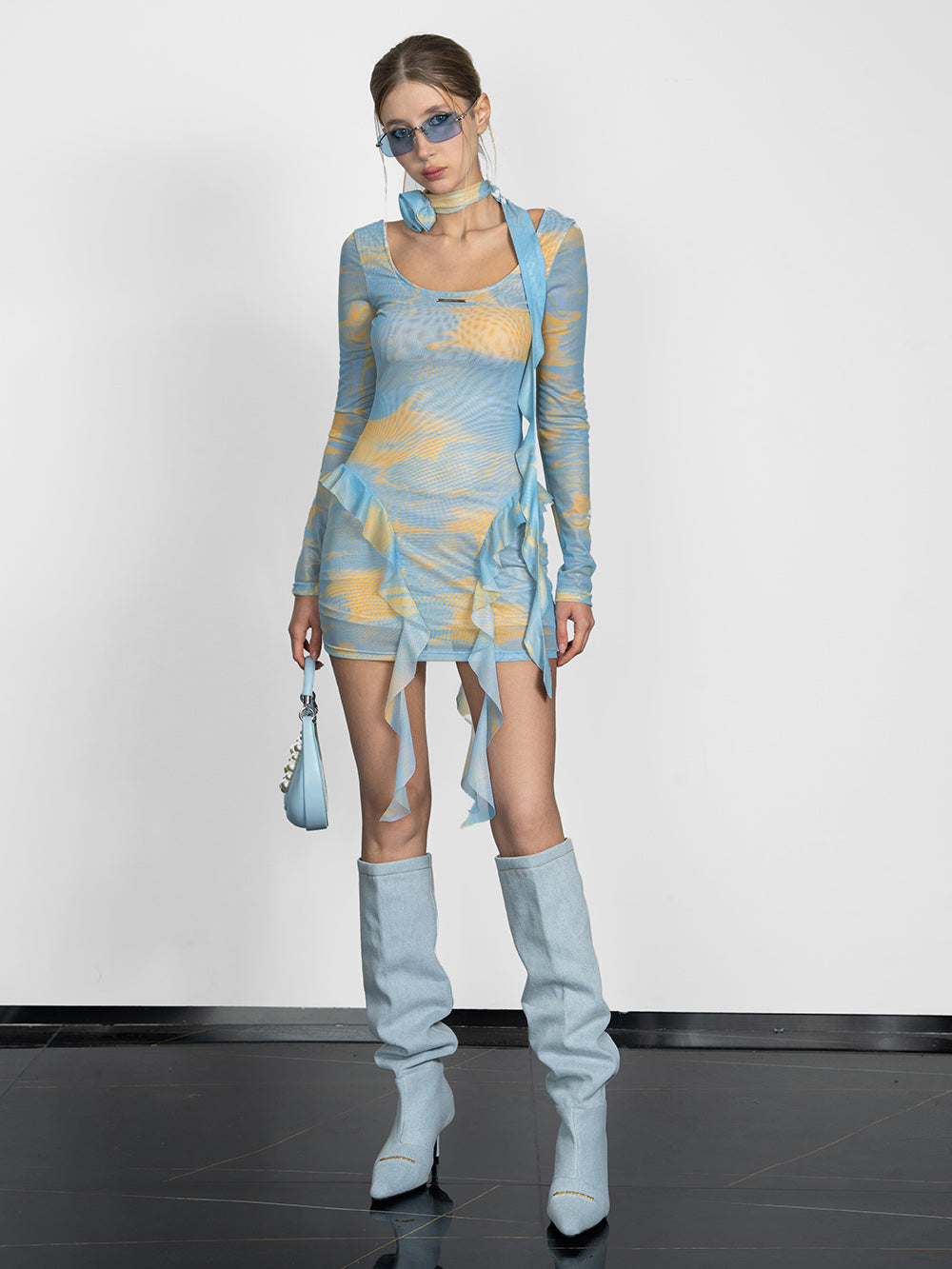 MUKTANK x Jqwention Printed Chiffon Lace Ribbon Round-neck Long-sleeved Dress