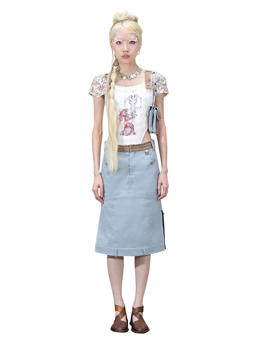 MUKTANK x COOLOTHES Light Blue Floral Organza Bag Component Folded Double-Waisted Wide A-line Skirt