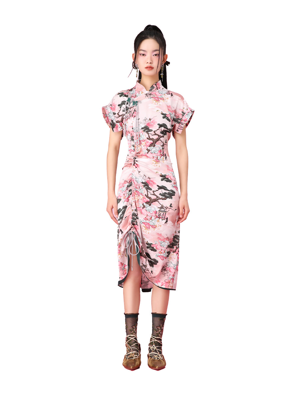 MUKZIN Printed Stand Collar Slit Slim Retro Cheongsam