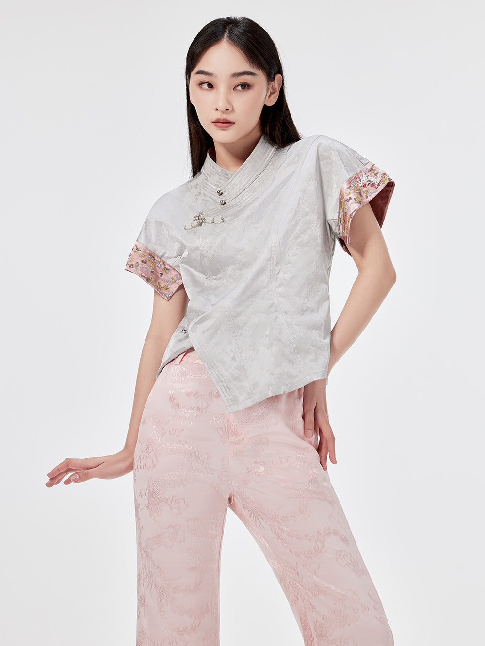MUKZIN Silver Jacquard Ultra Short-sleeved Cheongsam Shirt