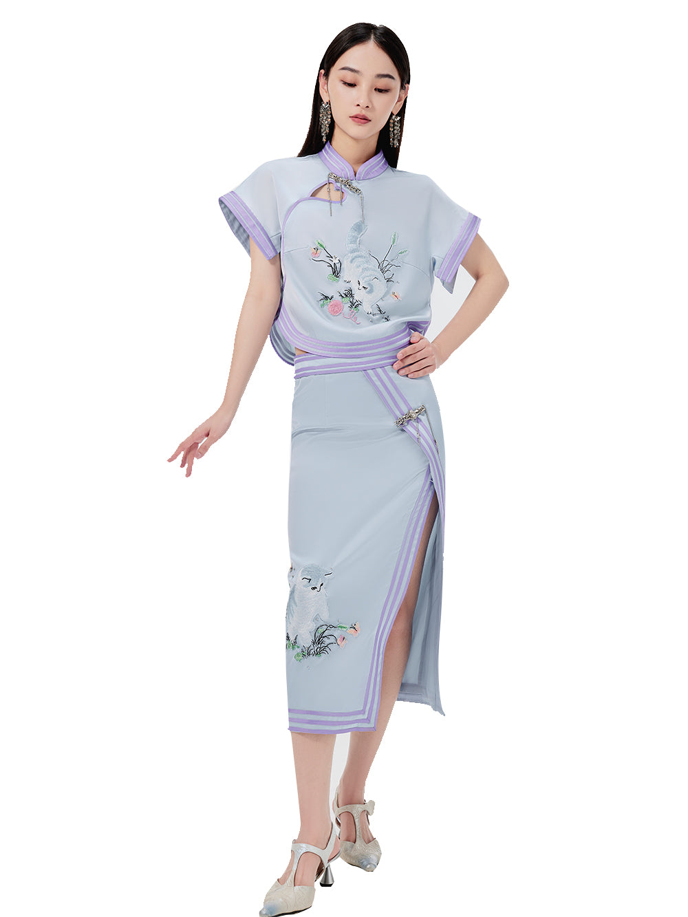 MUKZIN Chinese Style Cat Embroidery Print Slit Midi Skirt