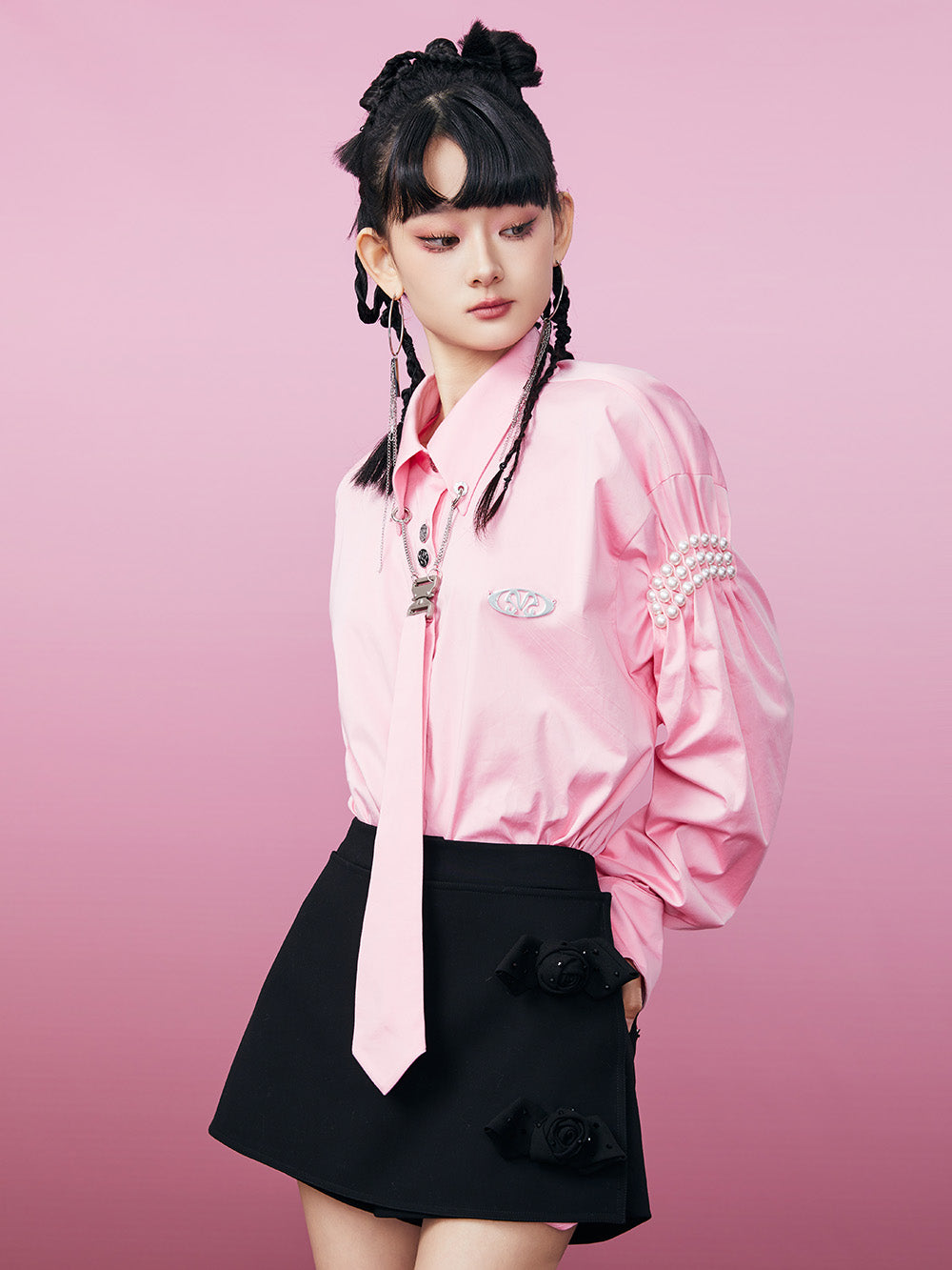 MUKZIN Pink Fashion Pearl Embellished Long Sleeve Shirt (With Tie)