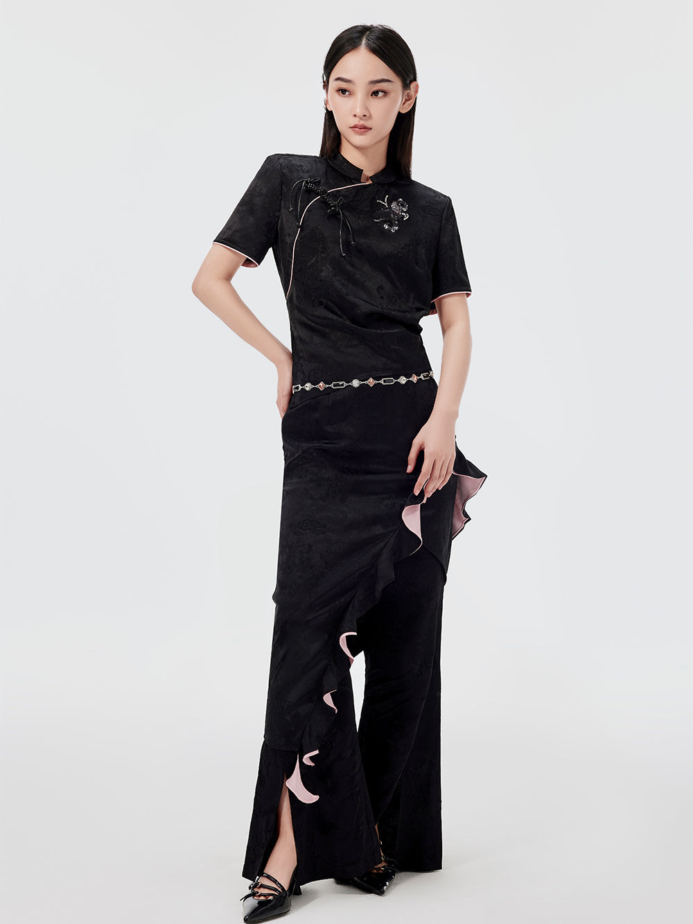 MUKZIN Black Slim Fit Jacquard Sequined Chinese Style Cheongsam T-shirt