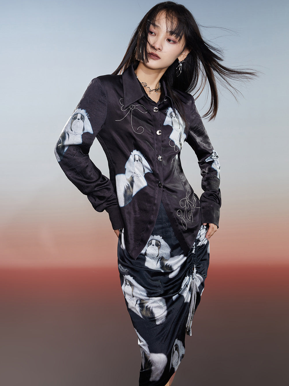 MUKZIN Printed Slim-fitting Slit Retro Versatile High-quality Skirt