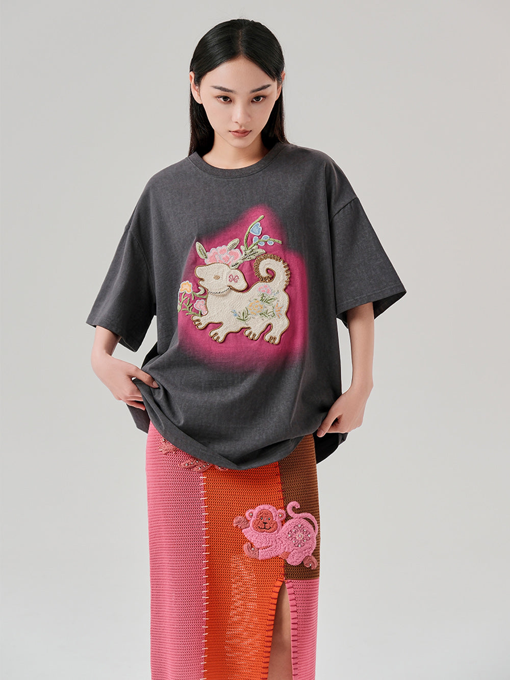 MUKZIN Casual Loose Cute Embroidered Versatile Retro Style T-shirt