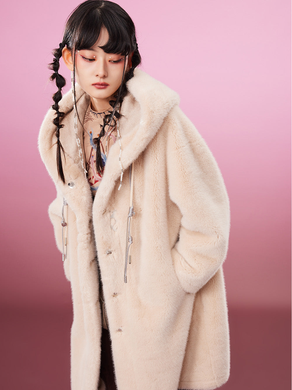 MUKZIN Cute Warm Long Beige Fur Coat