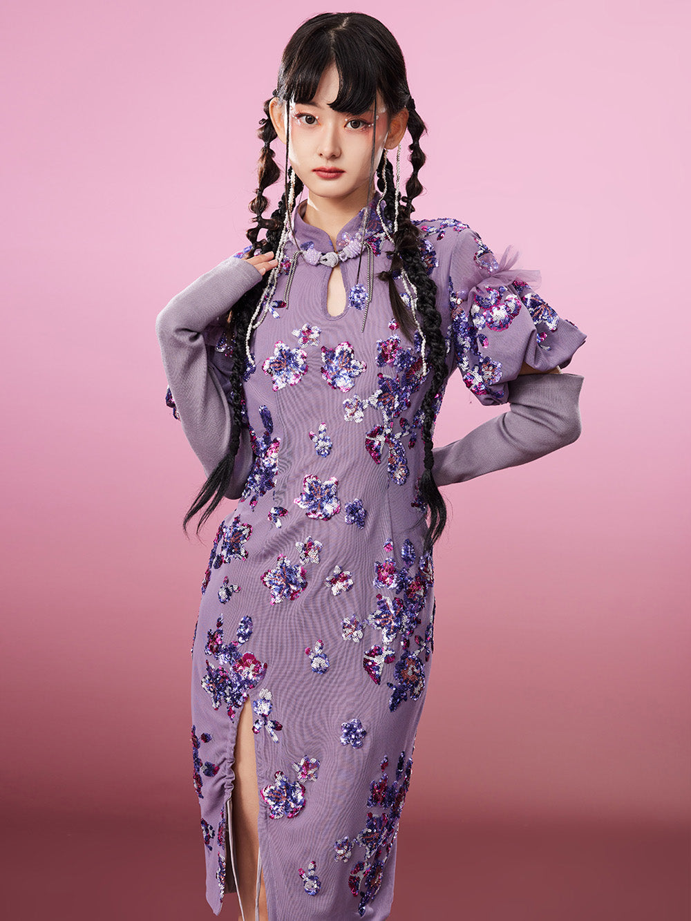 purple cheongsam dress Chinese Winter Midi Dress Slim Fit Purple Cheongsam