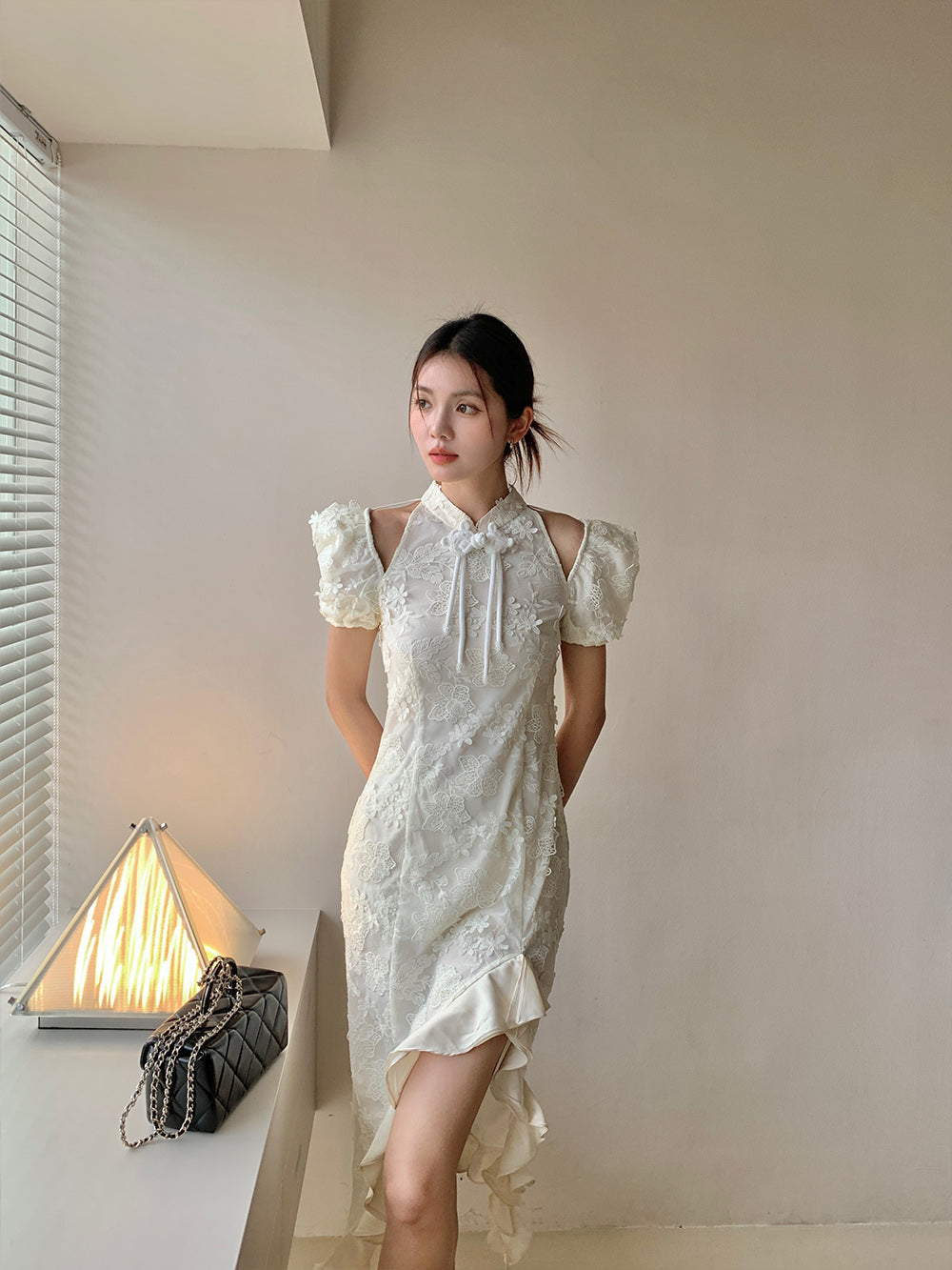 MUKZIN Lace Print Hollow Puff Sleeve Cheongsam Qi Pao