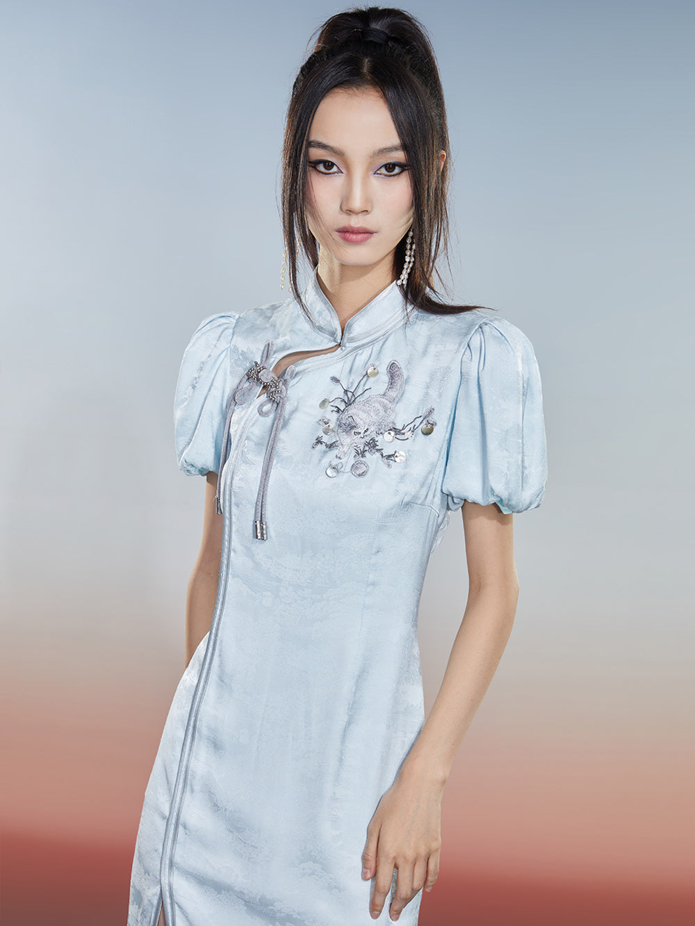 MUKZIN Charming Cheongsam Hollow Puff Sleeves Embroidered Slits