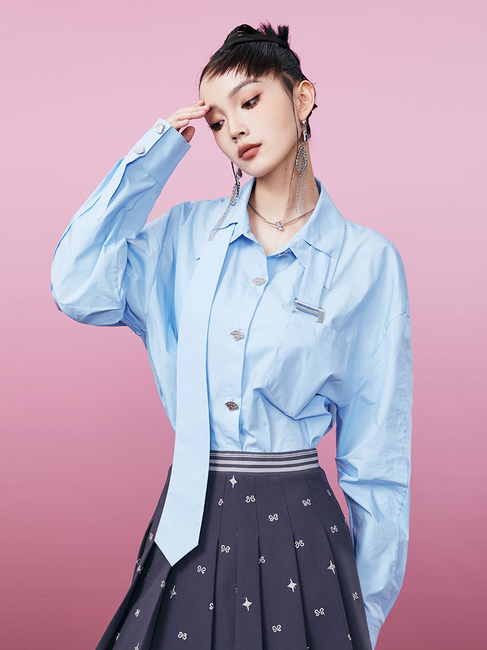 MUKZIN Sky Blue Inserted Tie Design Shirt