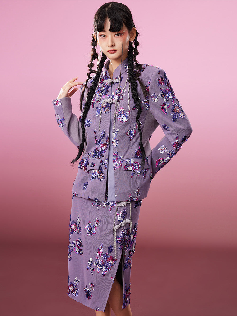 MUKZIN Slim Purple Chinese Style Printed Coat