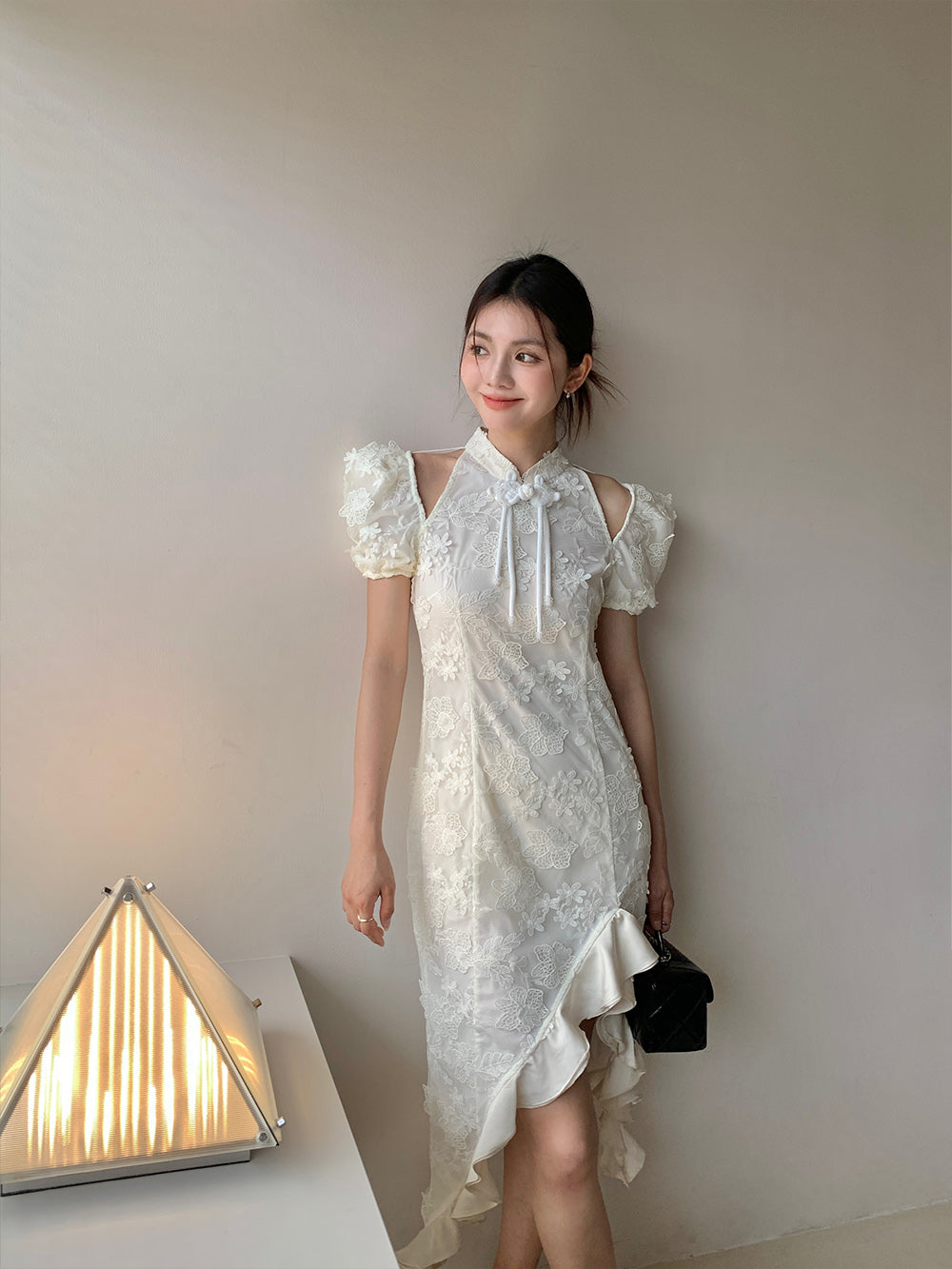 MUKZIN Lace Print Hollow Puff Sleeve Cheongsam Qi Pao