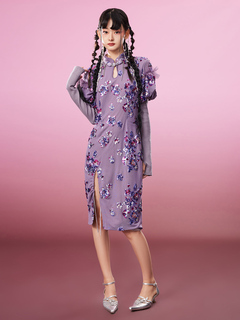 MUKZIN Charming Slim-fitting Purple Slit Original Cheongsam Dress