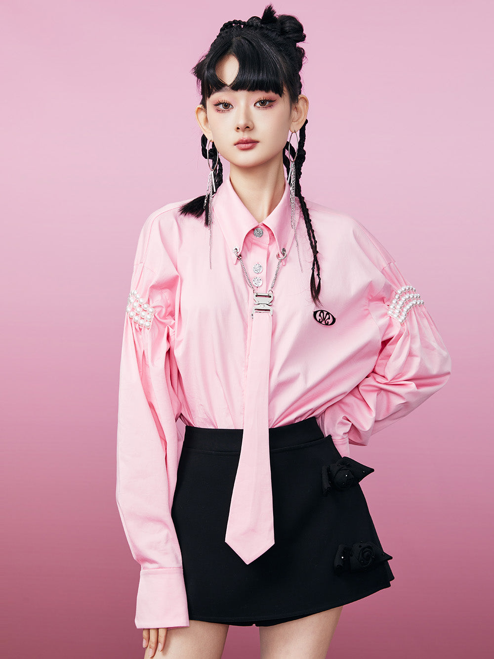 MUKZIN Pink Fashion Pearl Embellished Long Sleeve Shirt (With Tie)