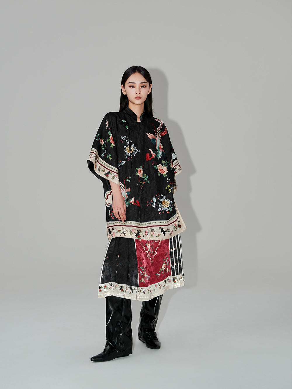 MUKZIN Chinese Stand Collar Printed Half-sleeved Shirt Dresses