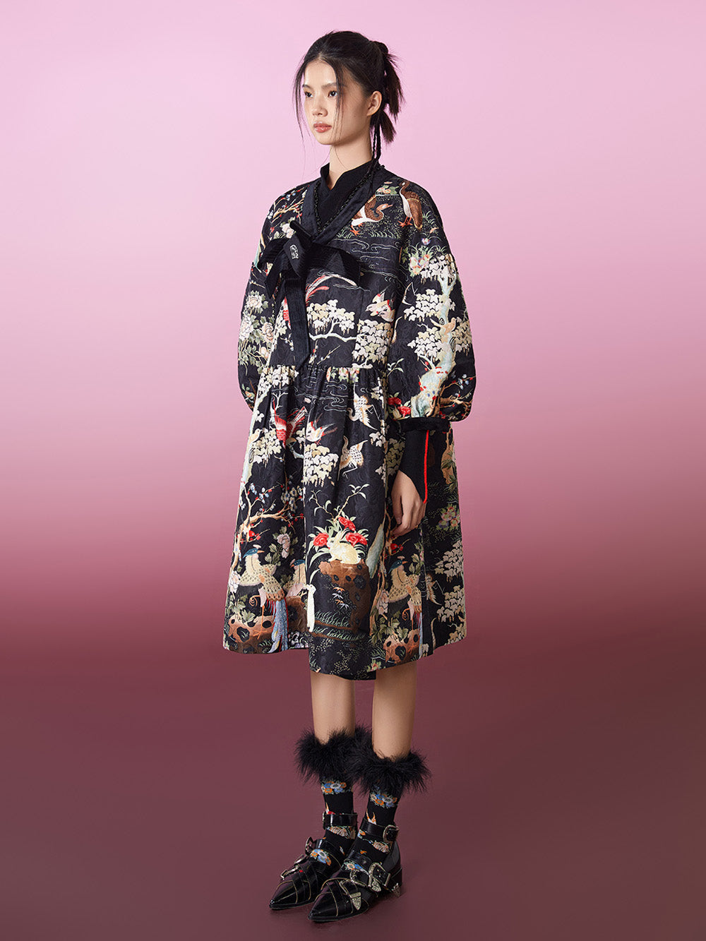 MUKZIN Jacquard Patchwork Bow Chinese Retro Dress