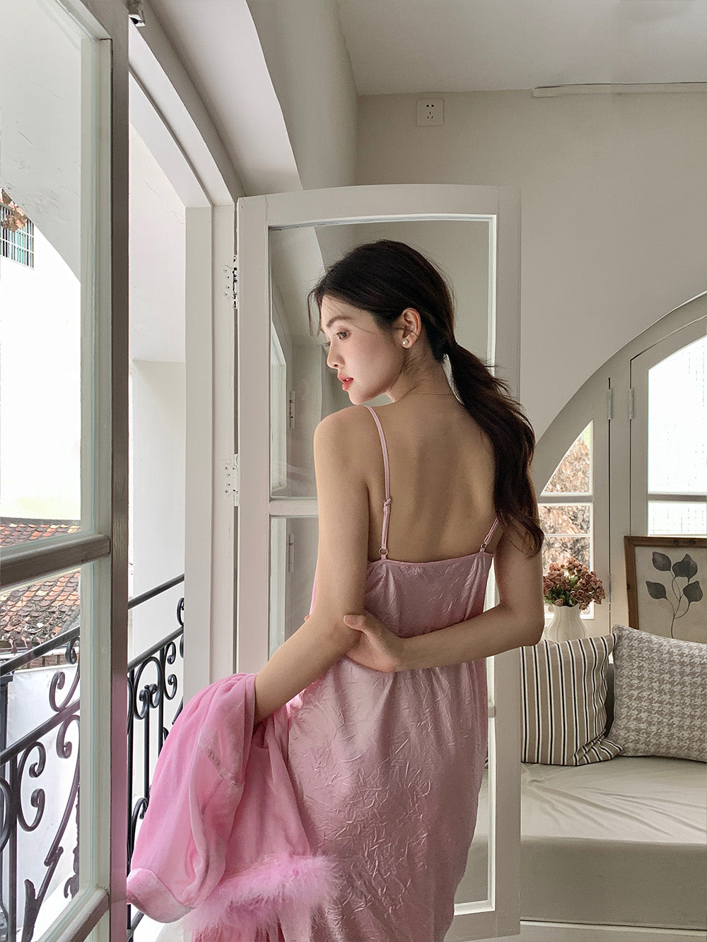 WS Rose Red/Pink Side Slit Strap Night Dress