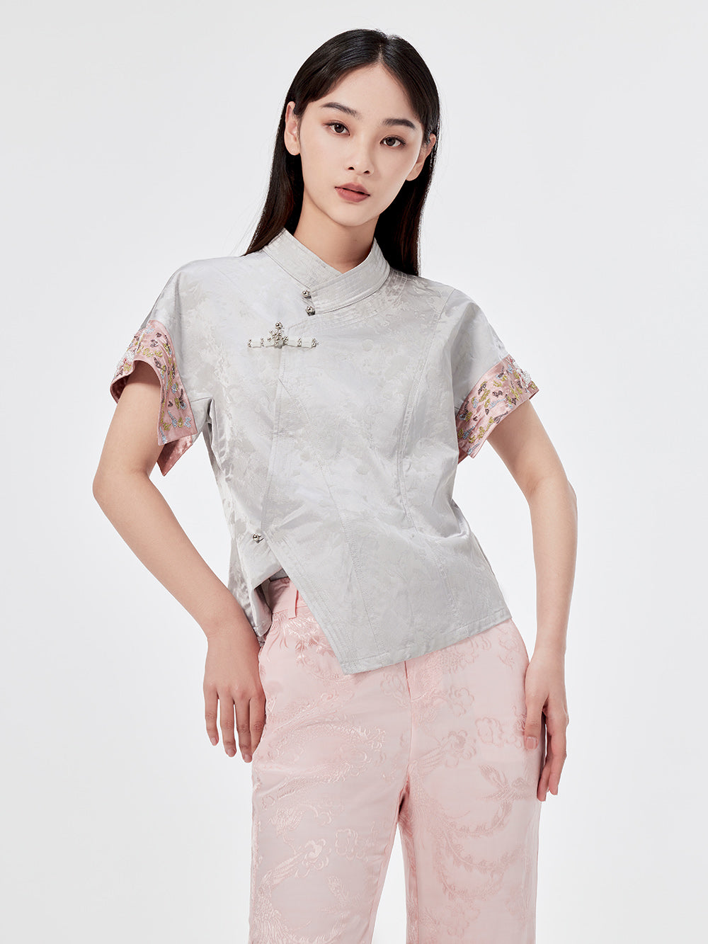 MUKZIN Silver Jacquard Ultra Short-sleeved Cheongsam Shirt