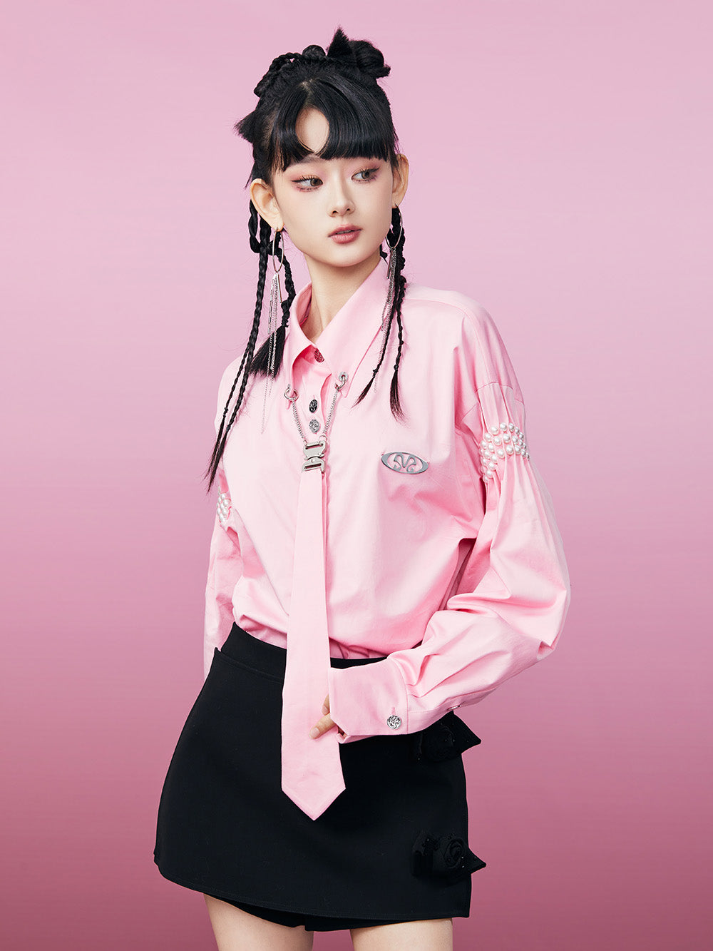 MUKZIN Pink Fashion Pearl Embellished Long Sleeve Shirt (With Tie)