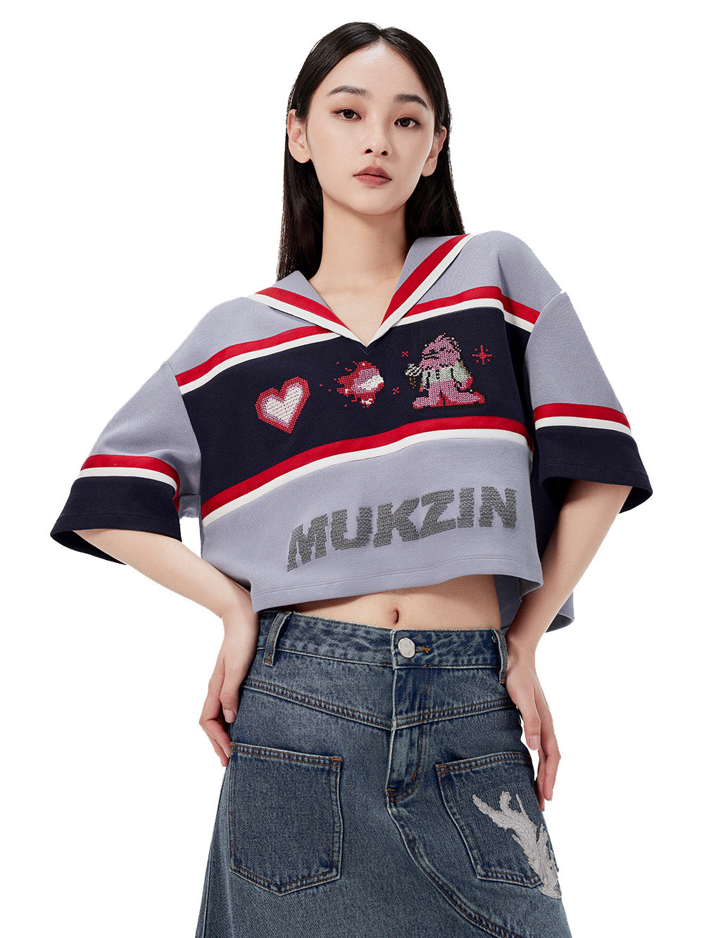 MUKZIN Navy Collar Cartoon Embroidered Loose T-shirt