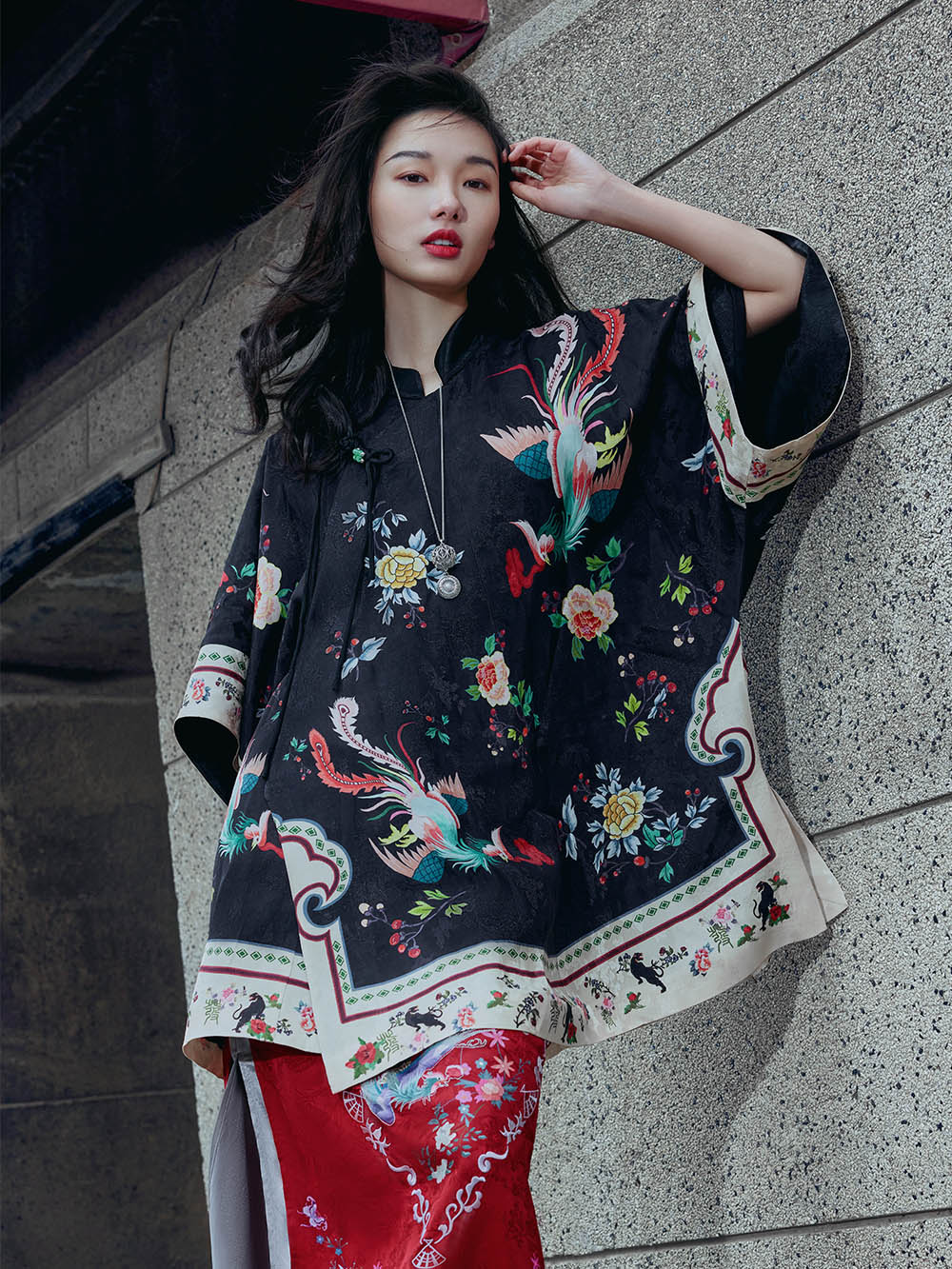 MUKZIN Chinese Stand Collar Printed Half-sleeved Shirt Dresses
