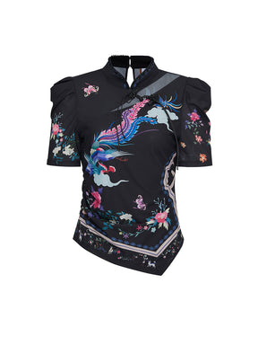 MUKZIN Chinese Style Small Stand Collar Printed Hollow Short T-shirt