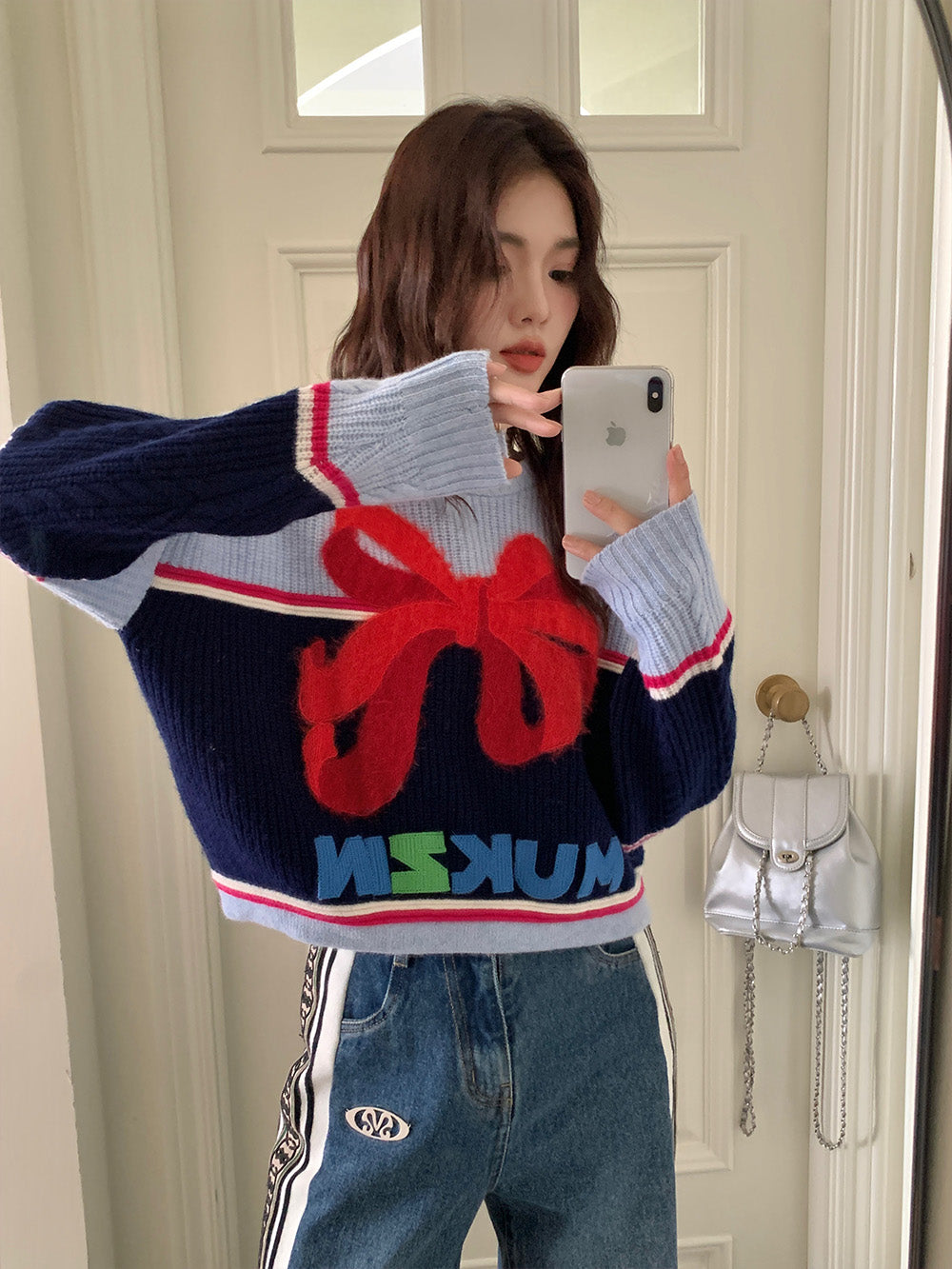 MUKZIN Bowknot Ginger and Red Color Blocking Sweater