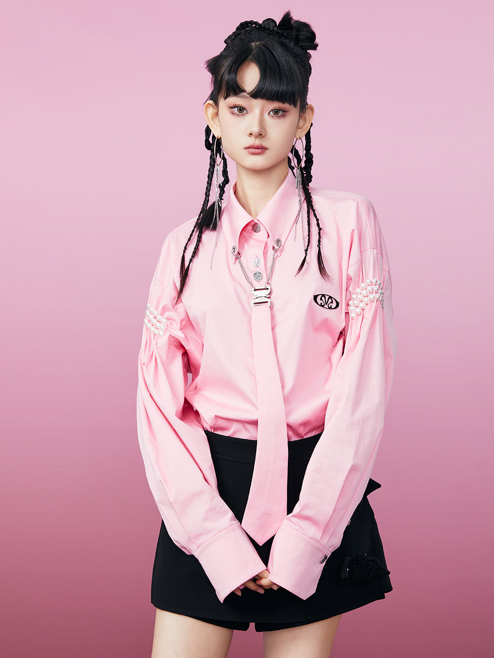 MUKZIN Pink Fashion Pearl Embellished Long Sleeve Shirt (With Tie)