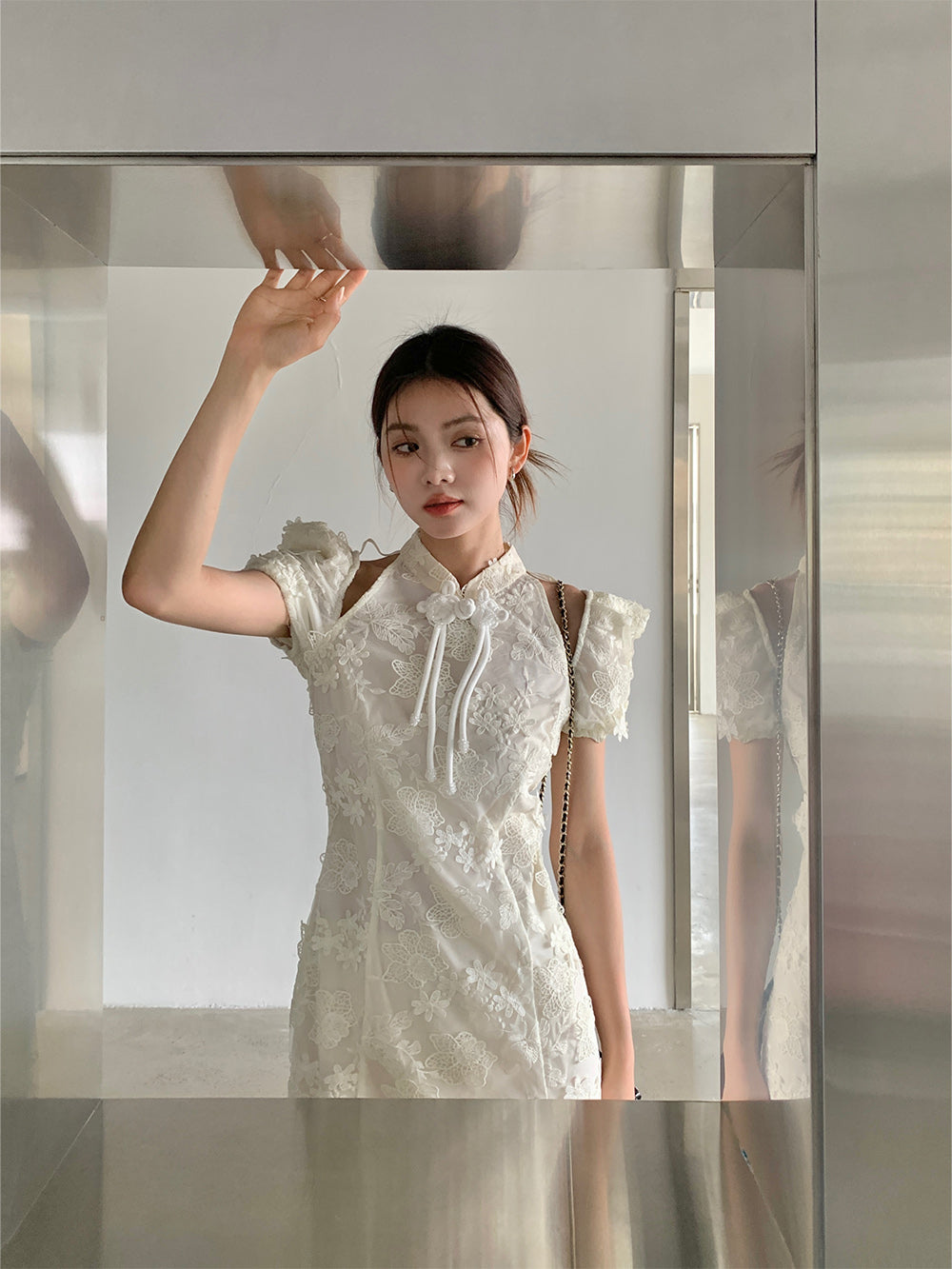 MUKZIN Lace Print Hollow Puff Sleeve Cheongsam Qi Pao