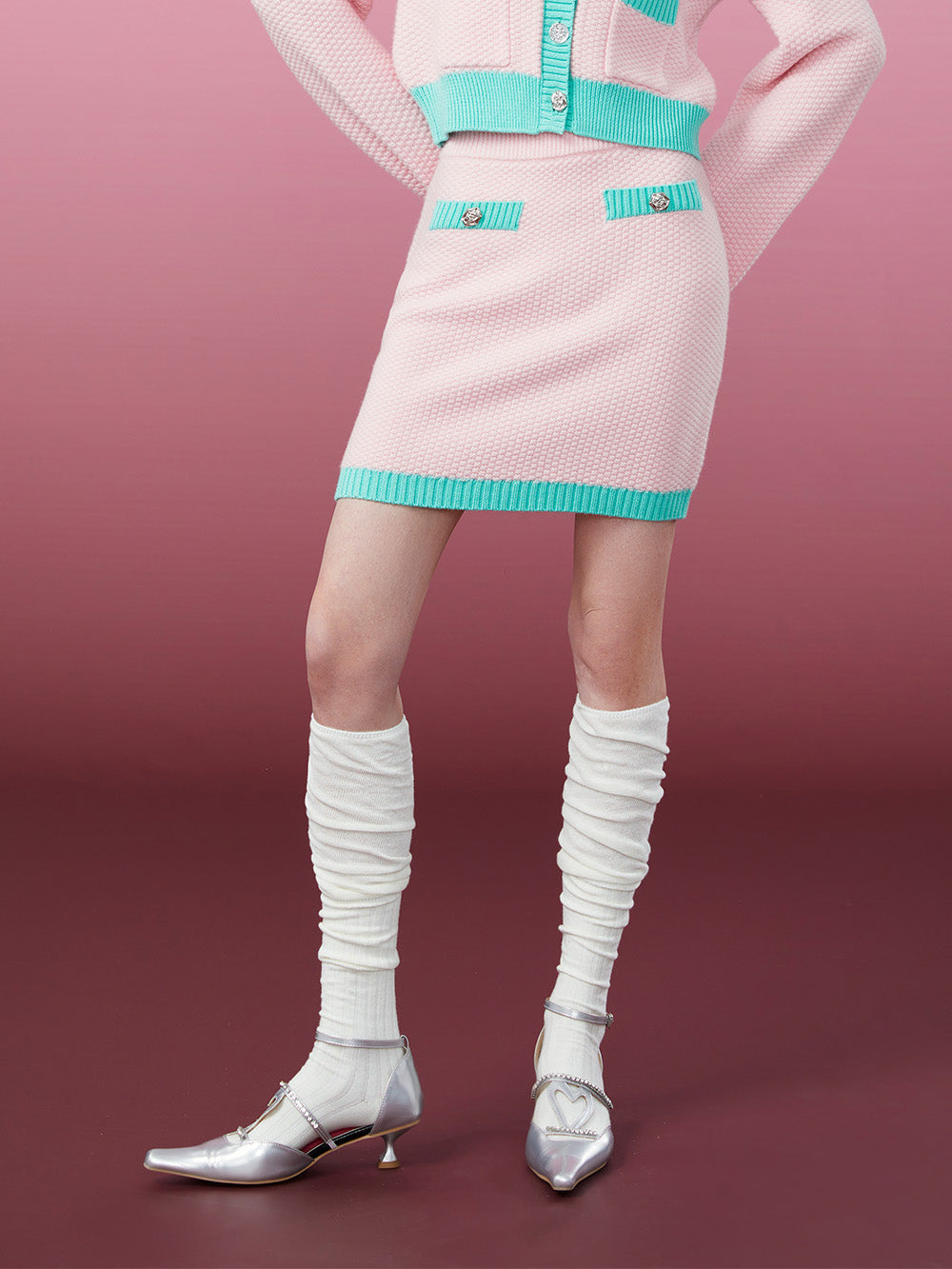 MUKZIN Pink and Green Color-blocking Mini Skirt