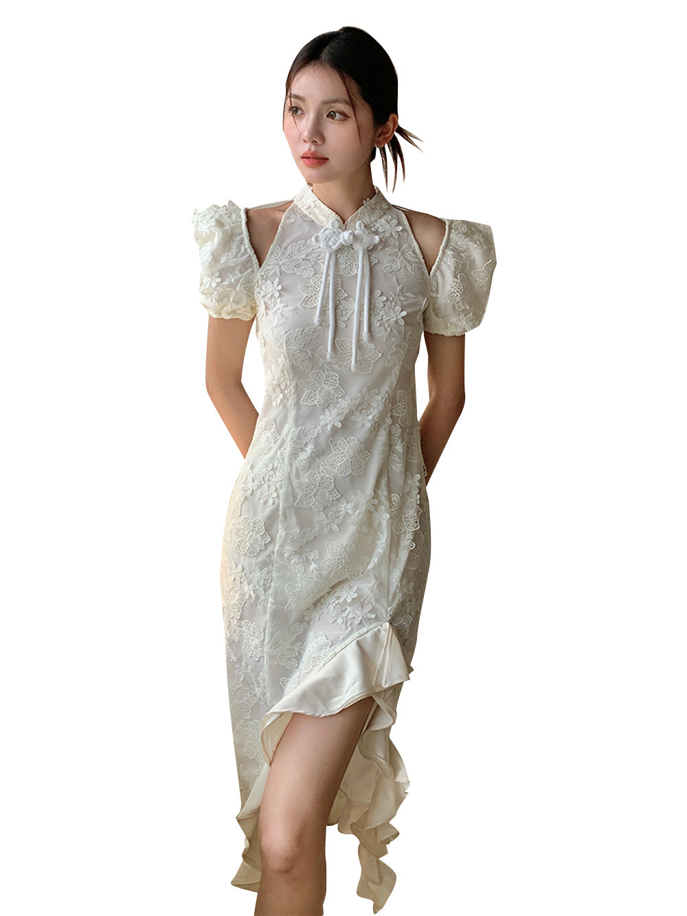 MUKZIN Lace Print Hollow Puff Sleeve Cheongsam Qi Pao
