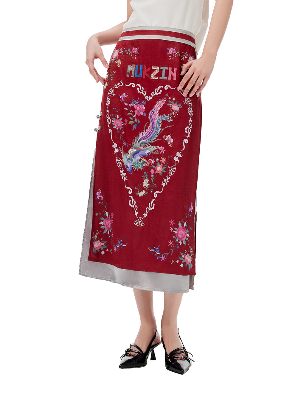 MUKZIN Red Embroidered Chinese Ethnic Style Midi Skirt