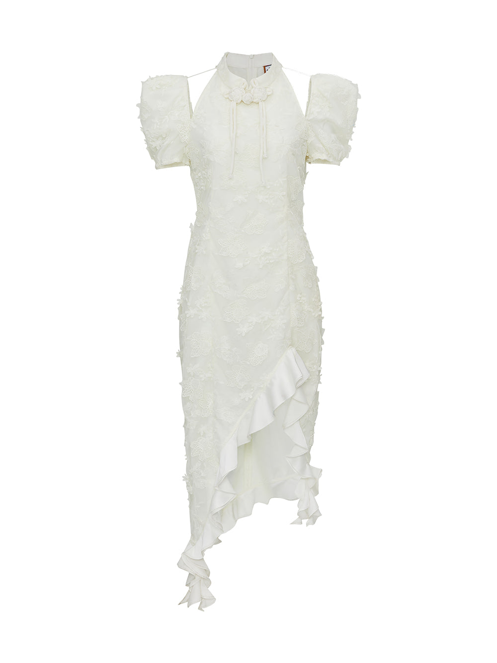MUKZIN Lace Print Hollow Puff Sleeve Cheongsam Qi Pao