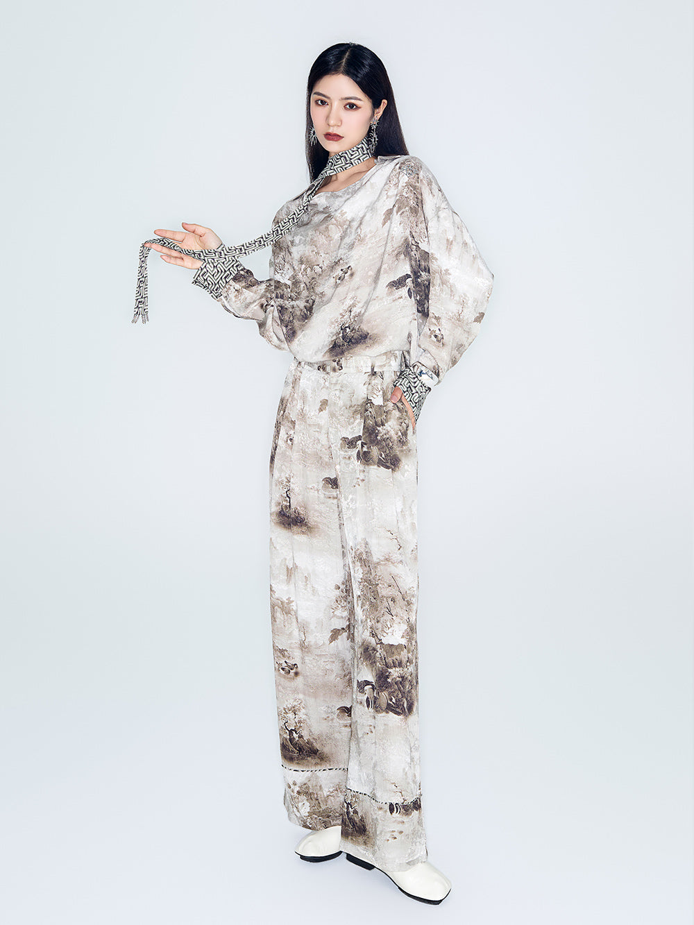 MUKZIN Lilong "Mandarin Duck" Ink-Wash Wide Leg Pants