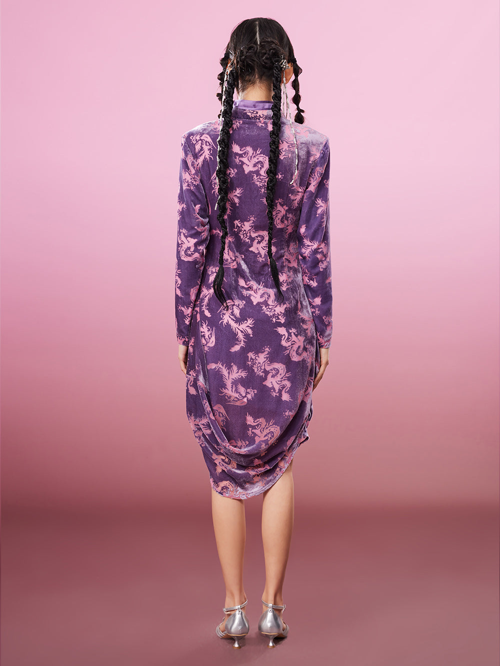 MUKZIN Waist Stand Collar Purple Embroidered Classic Cheongsam Dress