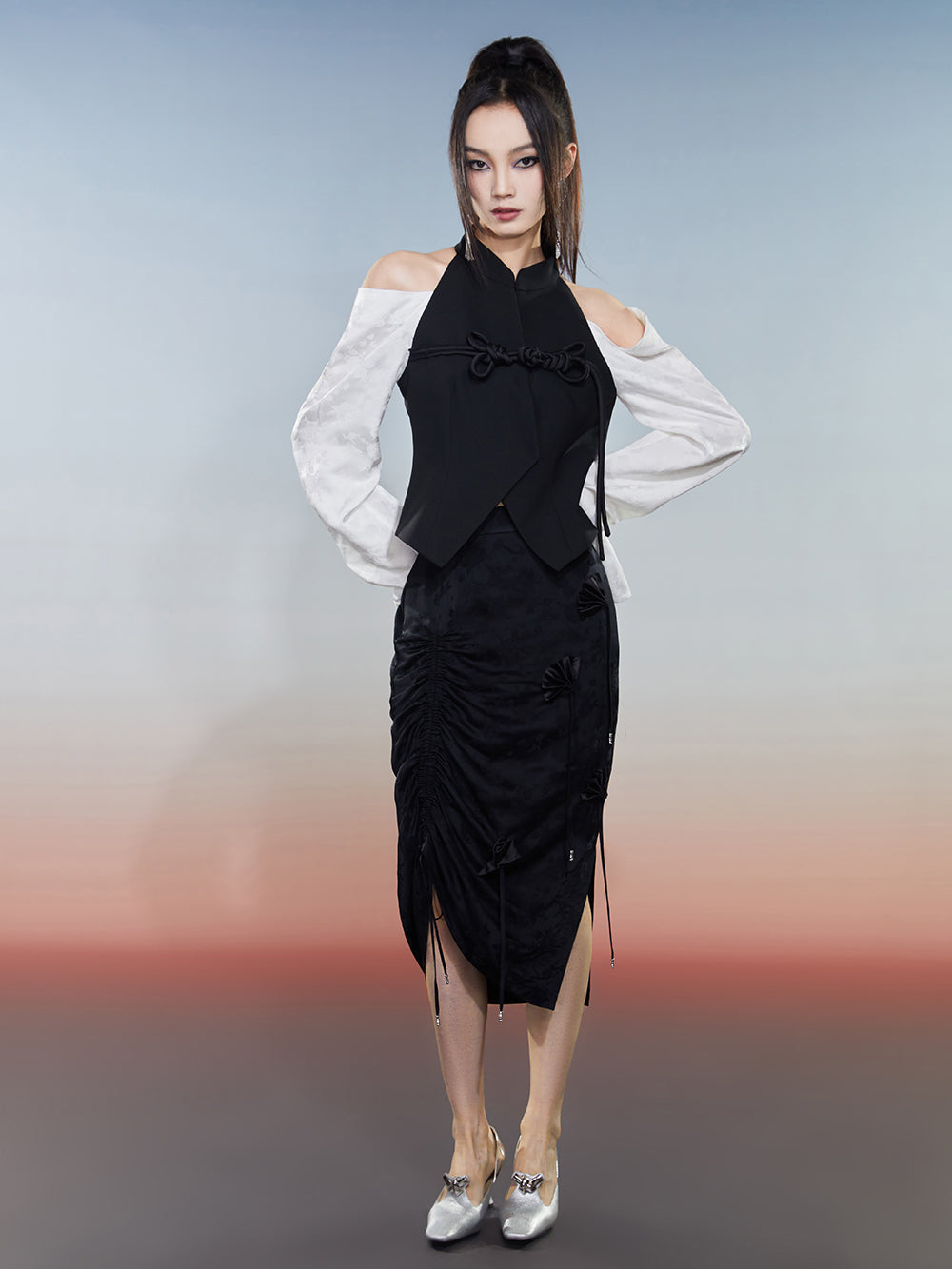 MUKZIN Tight Jacquard Slit Black Slimming Charming Skirt