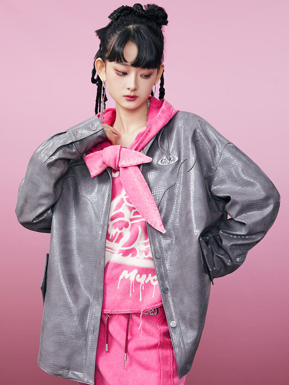 MUKZIN PU Fabric Rock Roll Gray Jacket Shirt