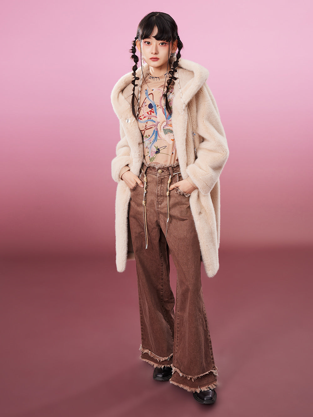 MUKZIN Cute Warm Long Beige Fur Coat